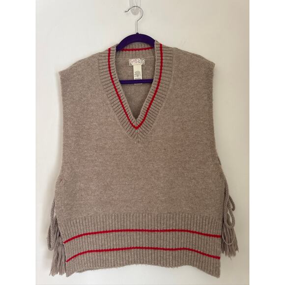 Free People India Tassel Knit V-Neck Sweater Vest in Taupe with Red Stripes-OS - Picture 2 of 8